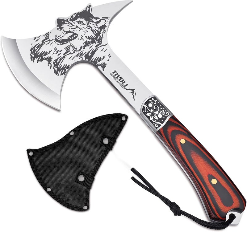 Tivoli 13" Camping Axe, Wolf - Patterned Survival Hatchet with Nylon Sheath, High Carbon Steel Blade Compact Outdoor Bushcraft Axe with Ergonomic Wood Grip, Camping Gear for Hiking, Chopping, Hunting - Image 1
